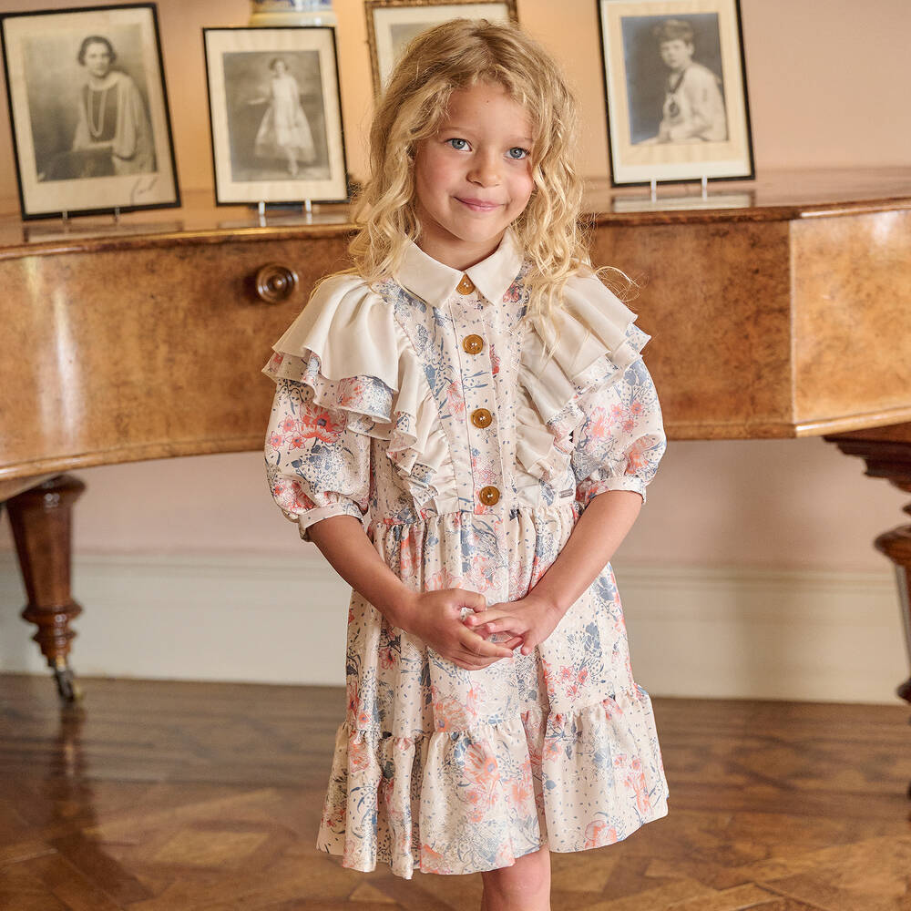 جيسي آند جيمس لندن-فستان مزيج فيسكوز مزين بكشكش لون عاجي بطبعة ورود | Childrensalon Outlet