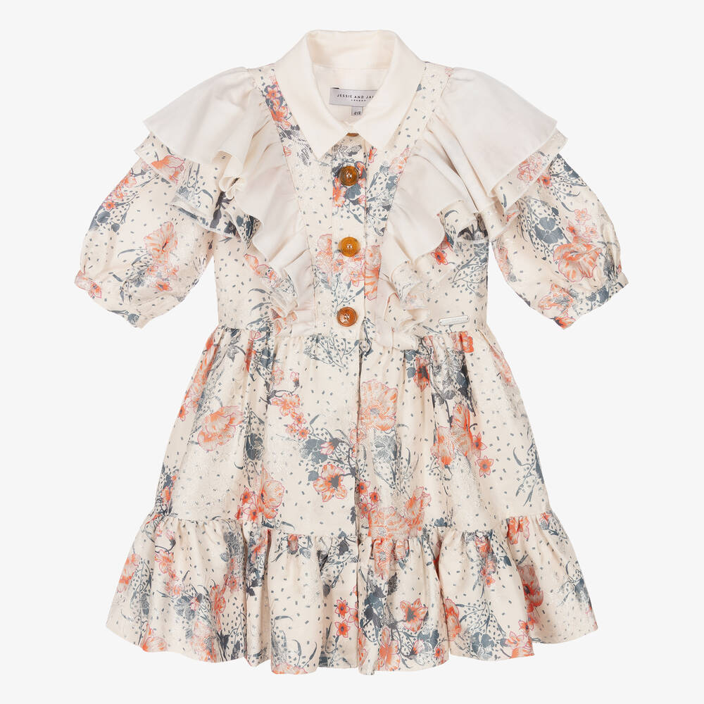 Jessie and James London - Кремовое платье в цветочек с рюшами для девочек | Childrensalon