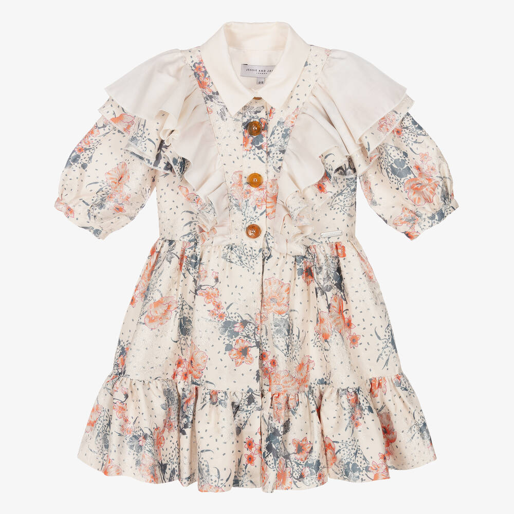 Jessie and James London-فستان مزيج فيسكوز مزين بكشكش لون عاجي بطبعة ورود | Childrensalon Outlet