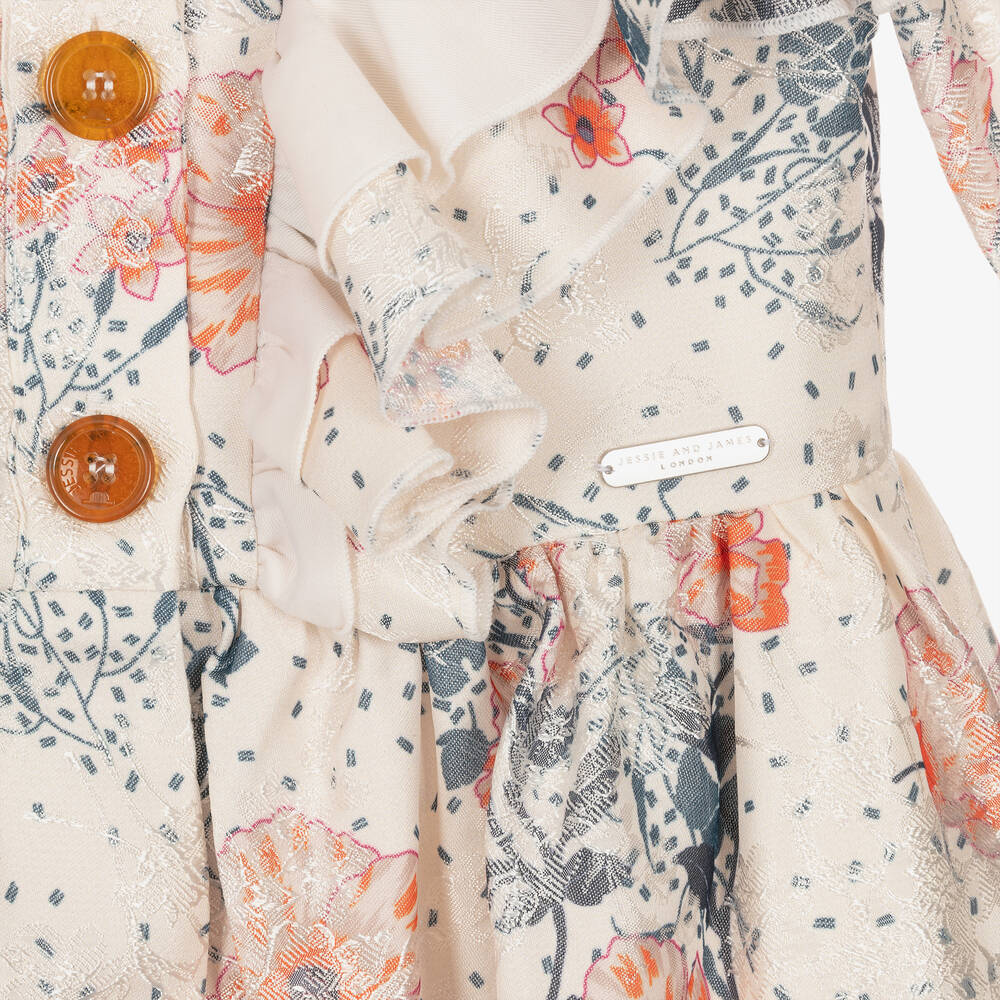 جيسي آند جيمس لندن-فستان مزيج فيسكوز مزين بكشكش لون عاجي بطبعة ورود | Childrensalon Outlet