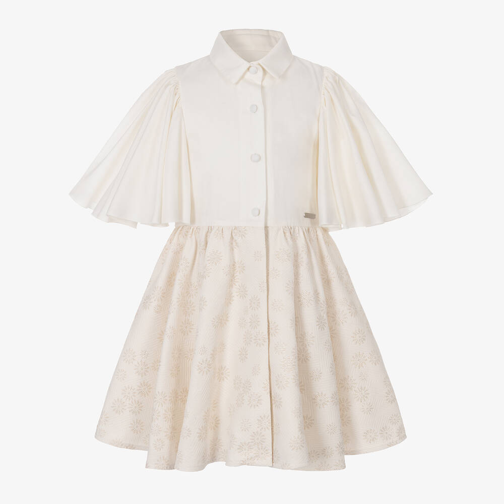 Jessie and James London-فستان قطن وجاكارد لون عاجي وذهبي بطبعة ورود | Childrensalon Outlet