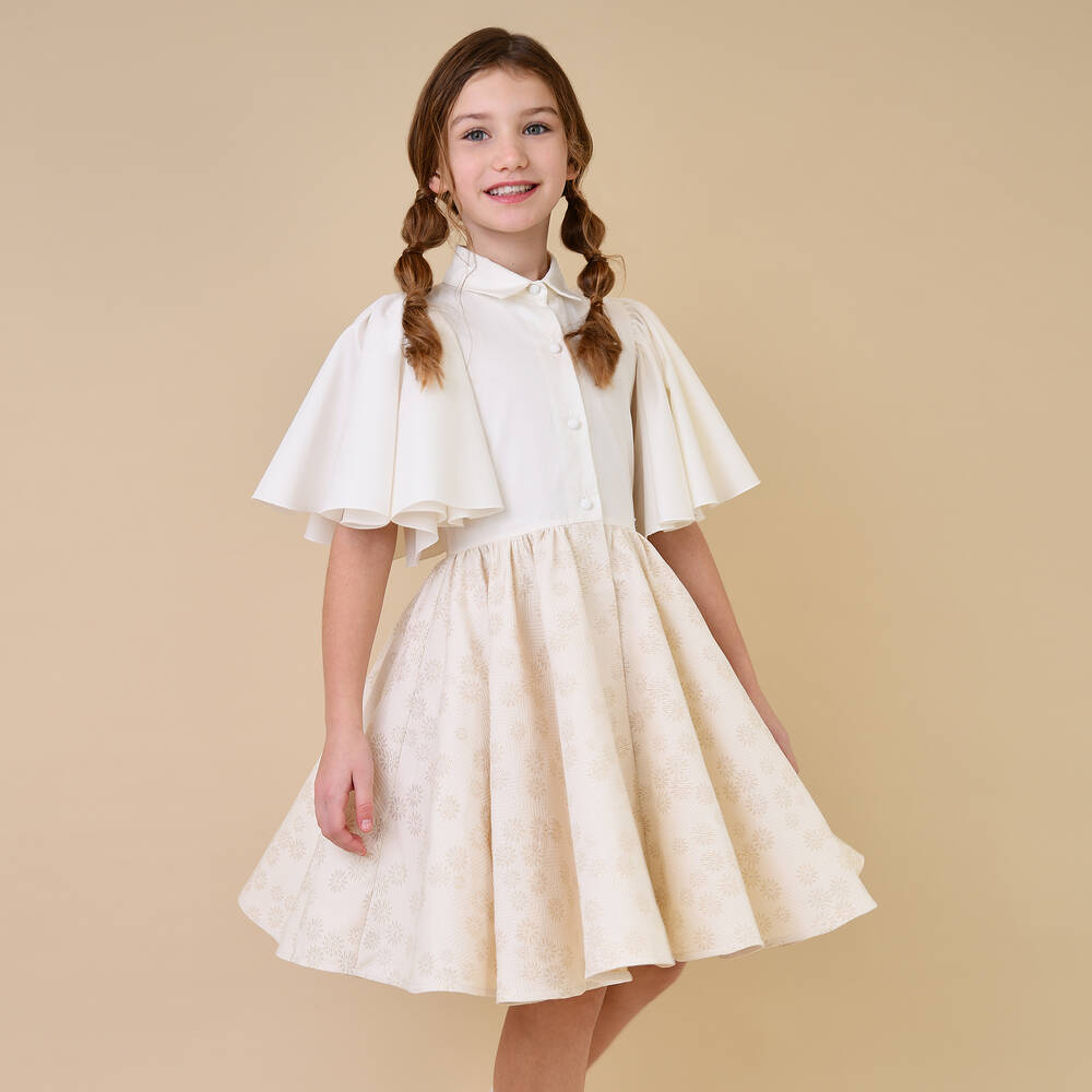 Jessie and James London-Girls Ivory & Gold Floral Jacquard Dress | Childrensalon Outlet