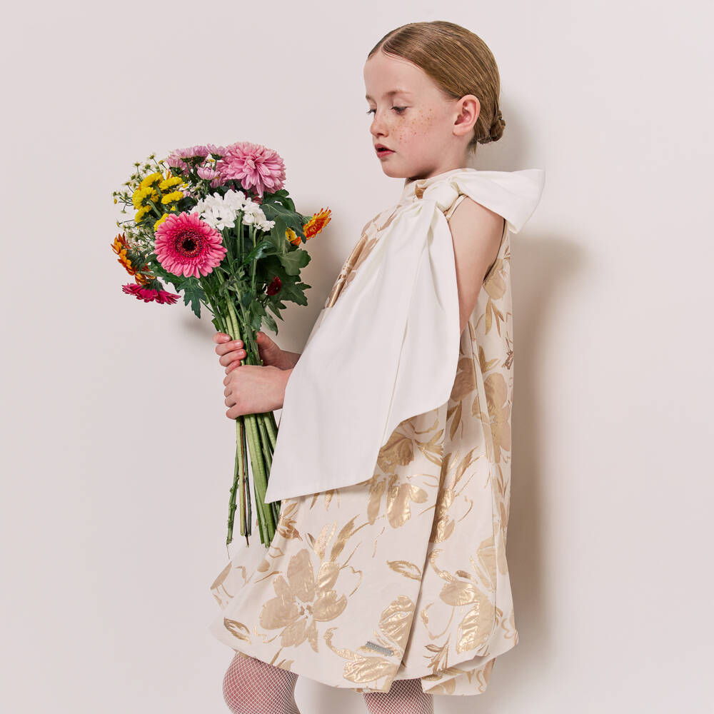 Jessie and James London-Girls Ivory & Gold Floral Jacquard Dress | Childrensalon Outlet