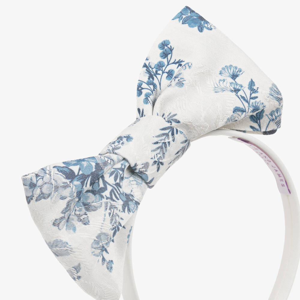 Jessie and James London-Girls Ivory Hairband with Blue Floral Patterned Bow | Childrensalon Outlet