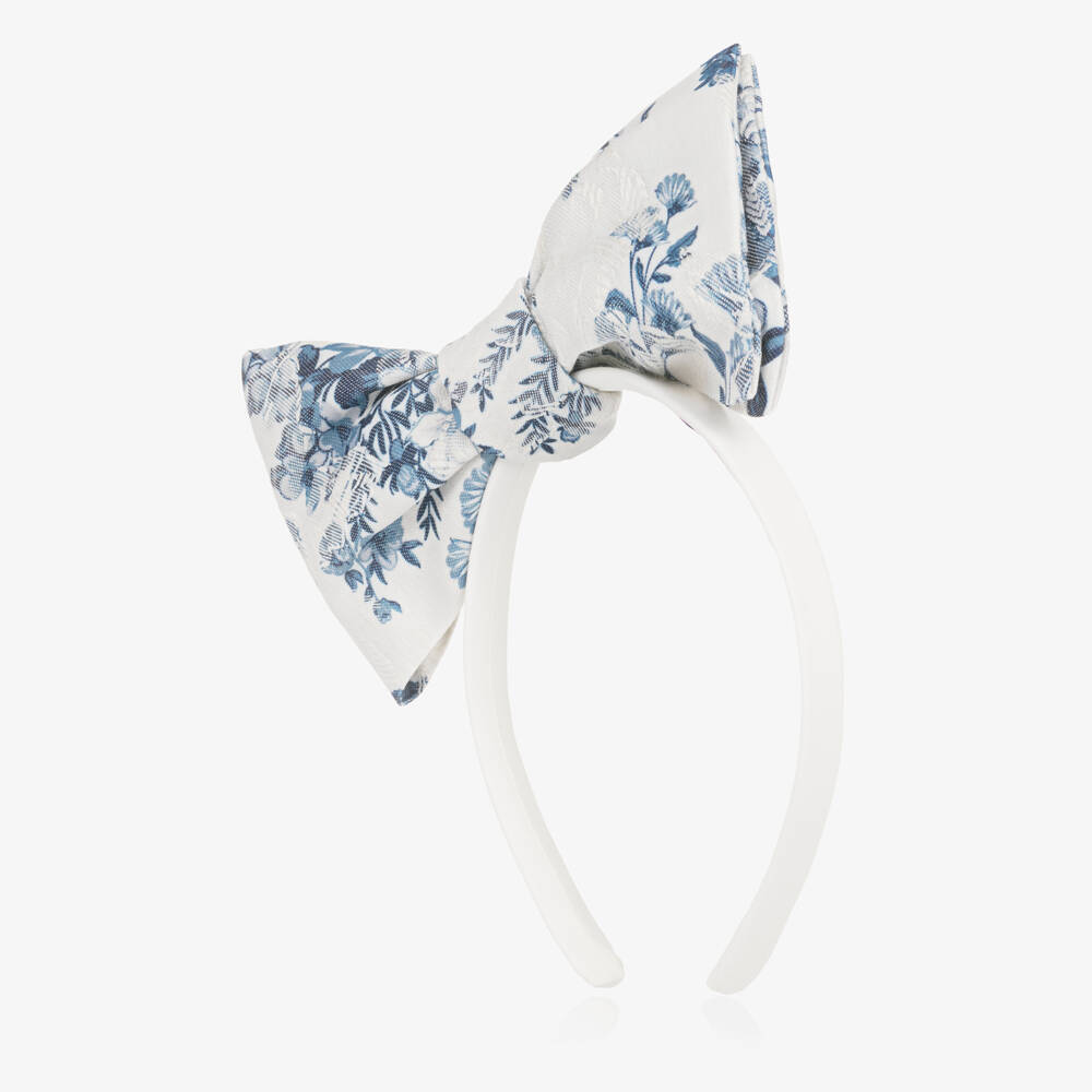 Jessie and James London-Girls Ivory Hairband with Blue Floral Patterned Bow | Childrensalon Outlet
