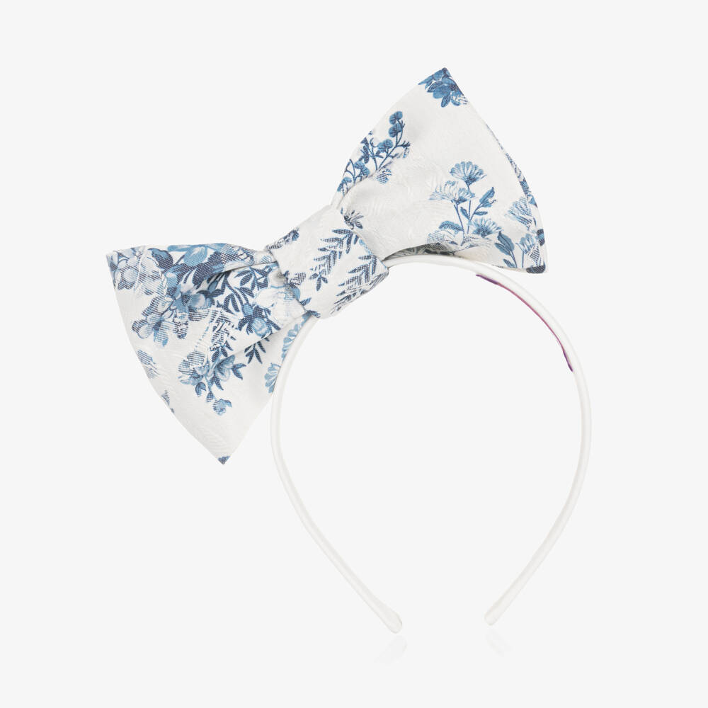 Jessie and James London-Girls Ivory Hairband with Blue Floral Patterned Bow | Childrensalon Outlet