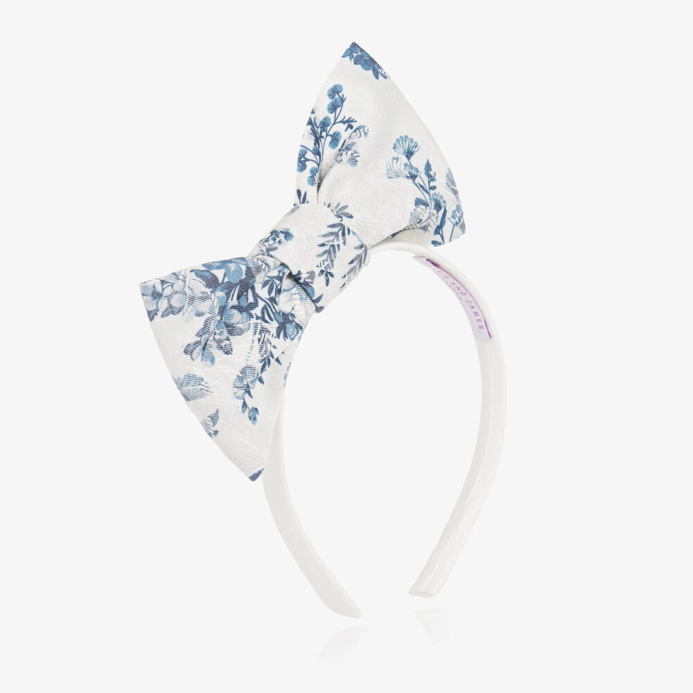 Jessie and James London-Girls Ivory Hairband with Blue Floral Patterned Bow | Childrensalon Outlet