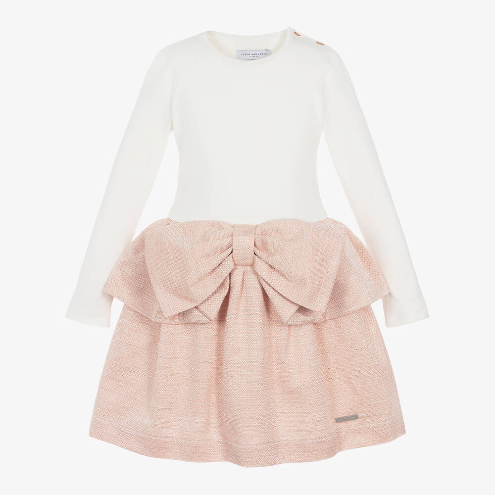 Jessie and James London-Girls Ivory Jersey & Pink Jacquard Dress | Childrensalon Outlet