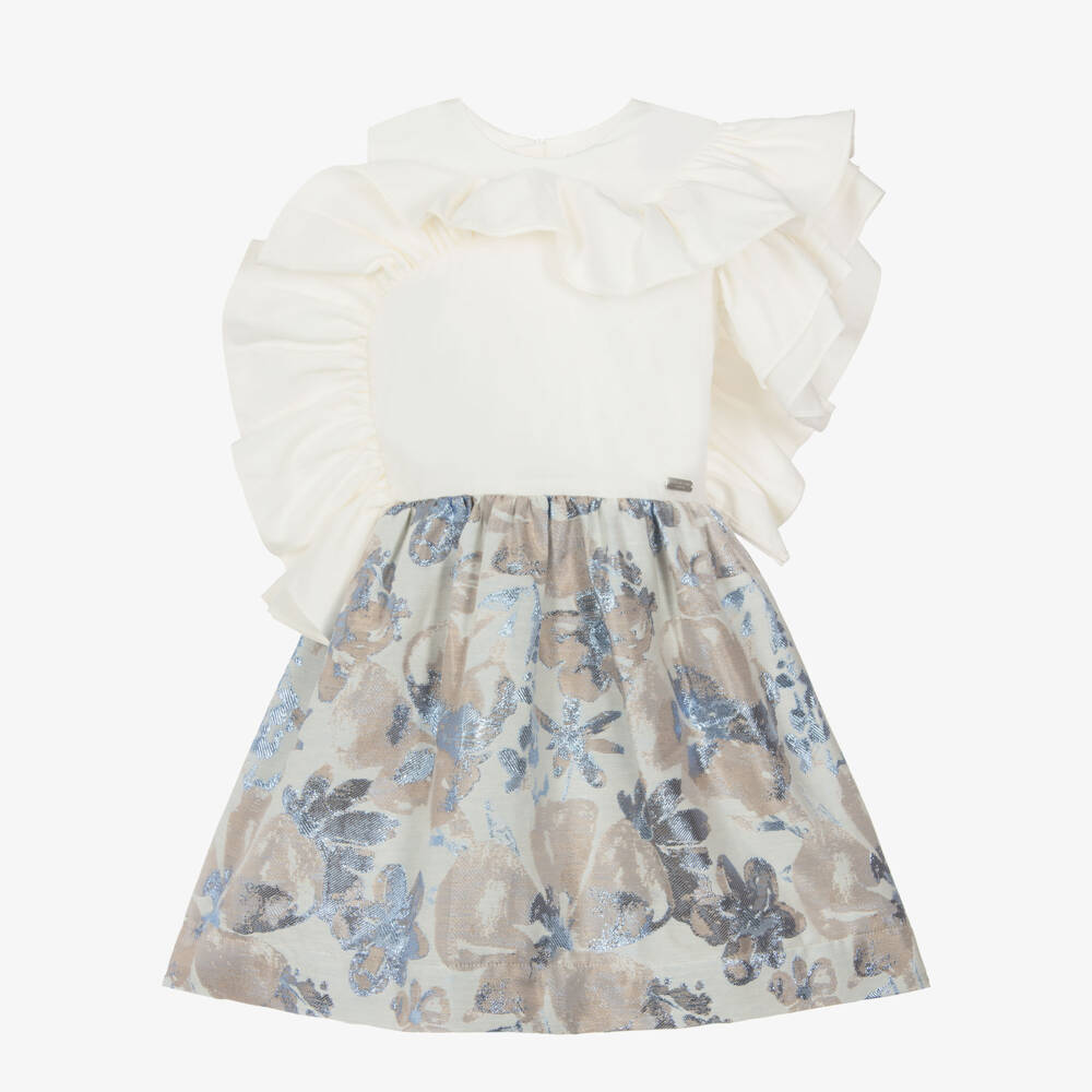 Jessie and James London-Girls Ivory & Metallic Blue Floral Jacquard Ruffle Dress | Childrensalon Outlet