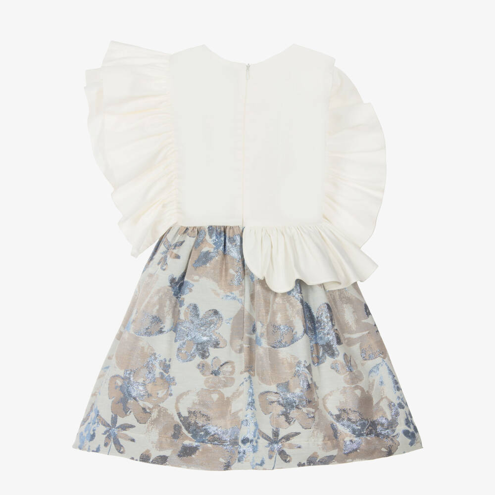 Jessie and James London-Girls Ivory & Metallic Blue Floral Jacquard Ruffle Dress | Childrensalon Outlet