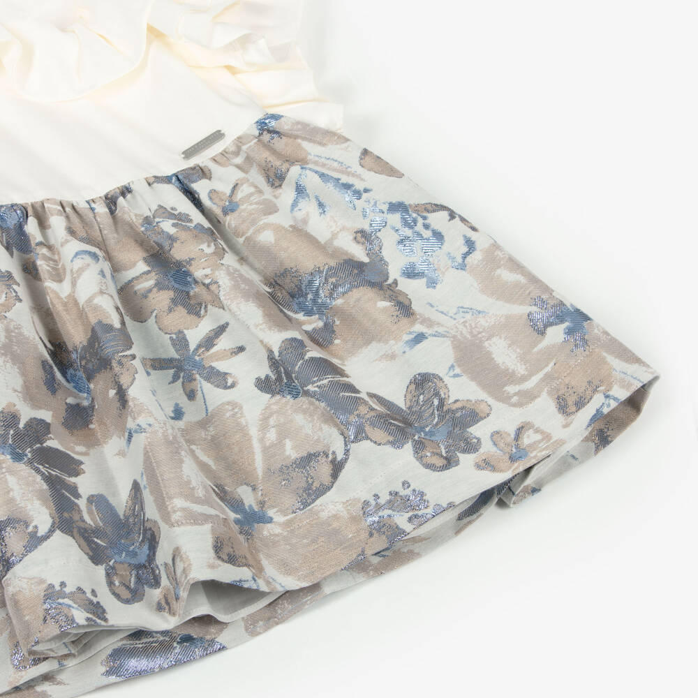 Jessie and James London-Girls Ivory & Metallic Blue Floral Jacquard Ruffle Dress | Childrensalon Outlet