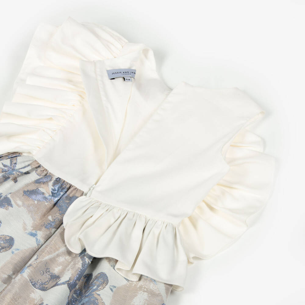Jessie and James London-Girls Ivory & Metallic Blue Floral Jacquard Ruffle Dress | Childrensalon Outlet
