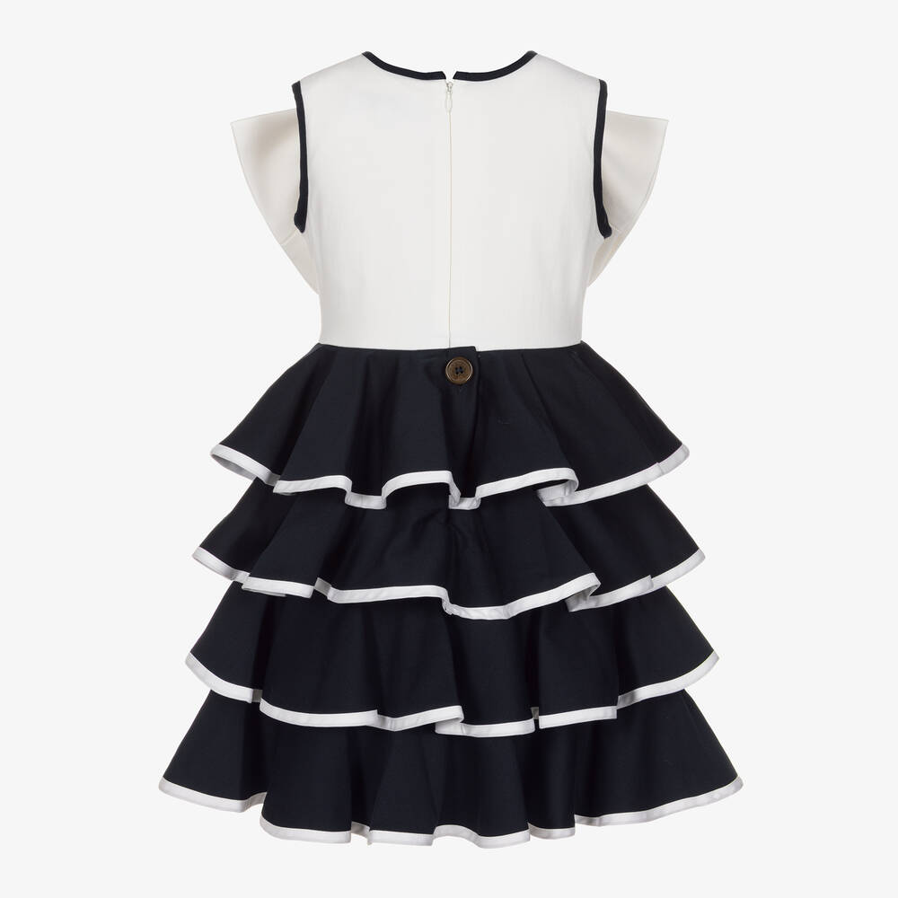 Jessie and James London-Girls Ivory & Navy Blue Cotton Bow Dress | Childrensalon Outlet