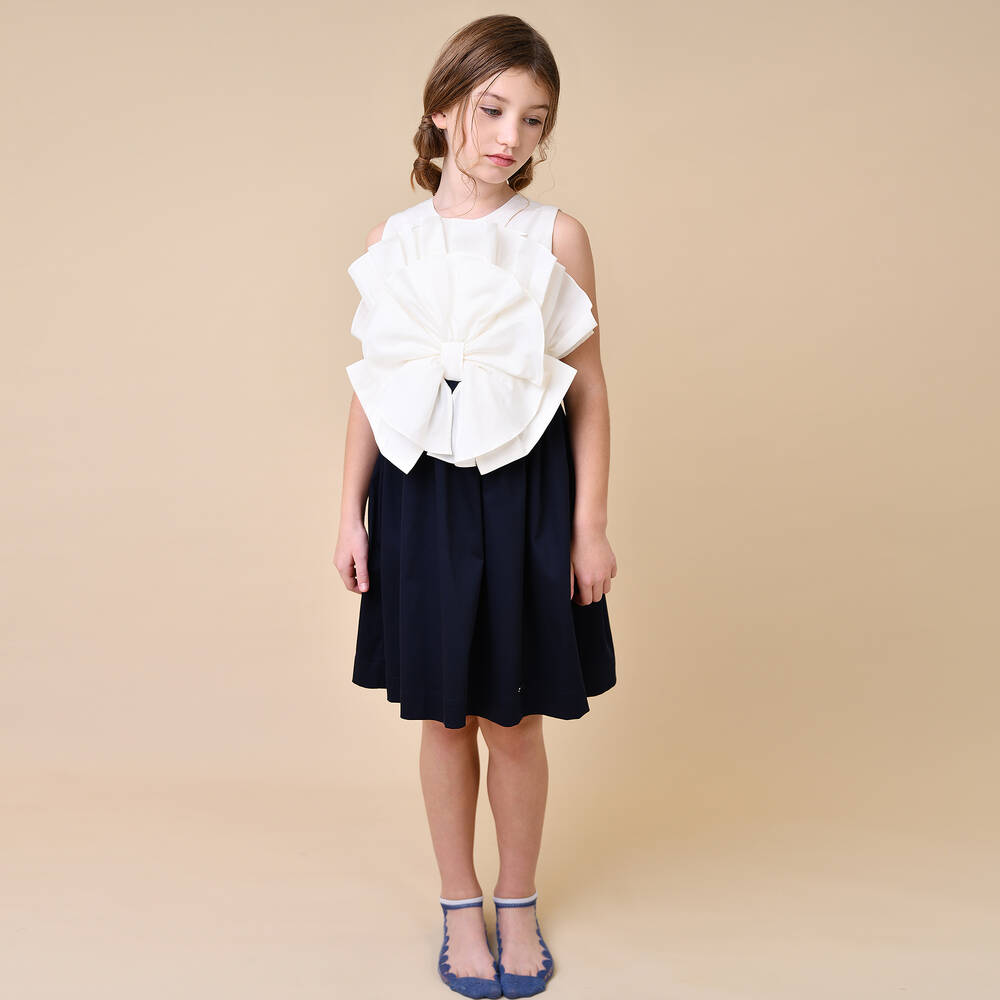 Jessie and James London-Girls Ivory & Navy Blue Cotton Dress | Childrensalon Outlet