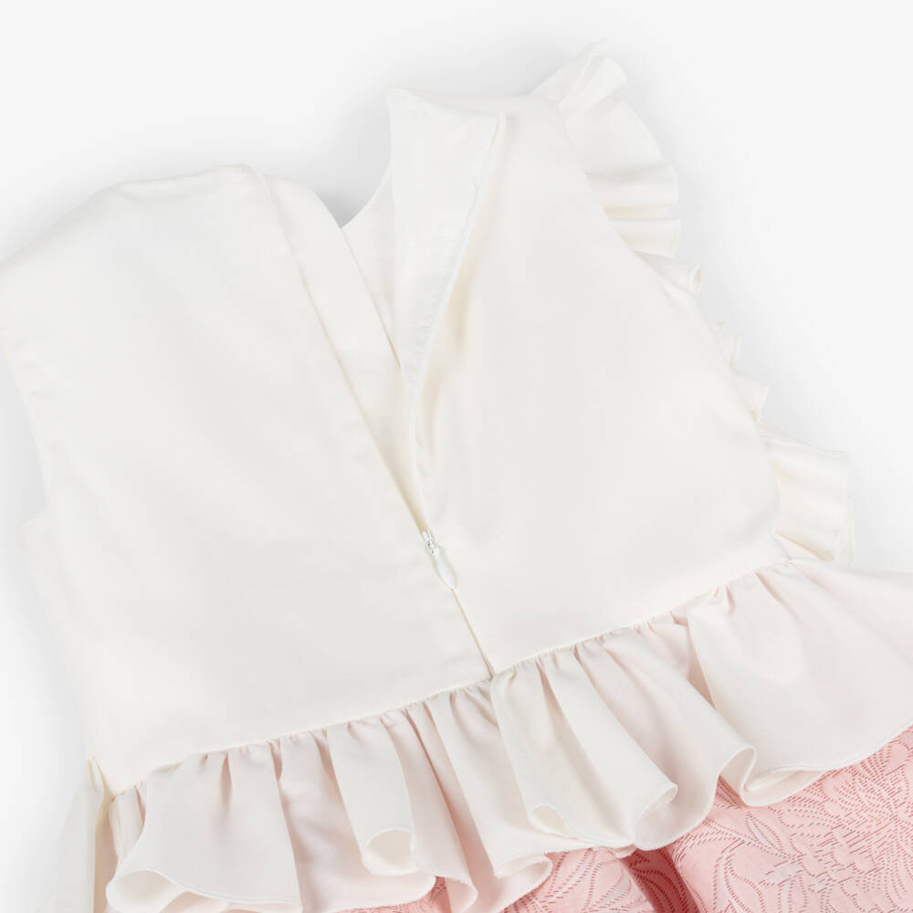 Jessie and James London-Girls Ivory & Pink Cotton Jacquard Dress with Ruffles | Childrensalon Outlet