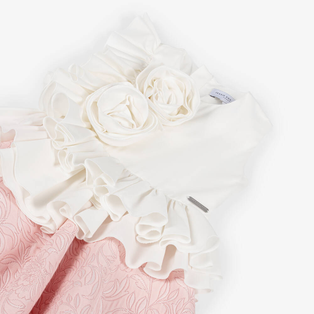 Jessie and James London-Girls Ivory & Pink Cotton Jacquard Dress with Ruffles | Childrensalon Outlet