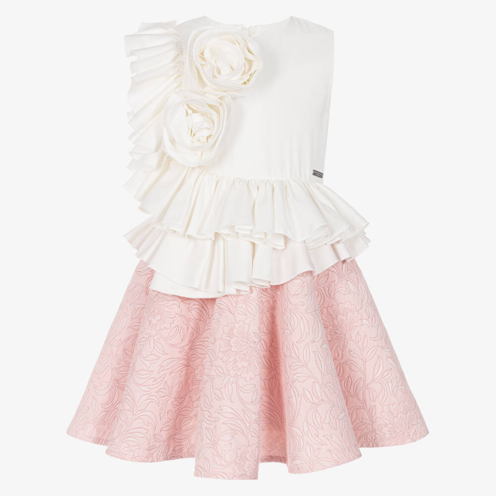 Jessie and James London-Girls Ivory & Pink Cotton Jacquard Dress with Ruffles | Childrensalon Outlet