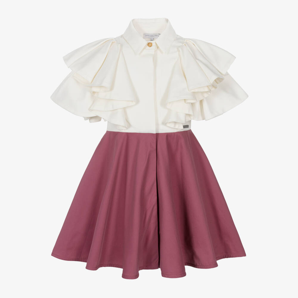 Jessie and James London-Girls Ivory & Purple Cotton Twill Ruffle Dress | Childrensalon Outlet