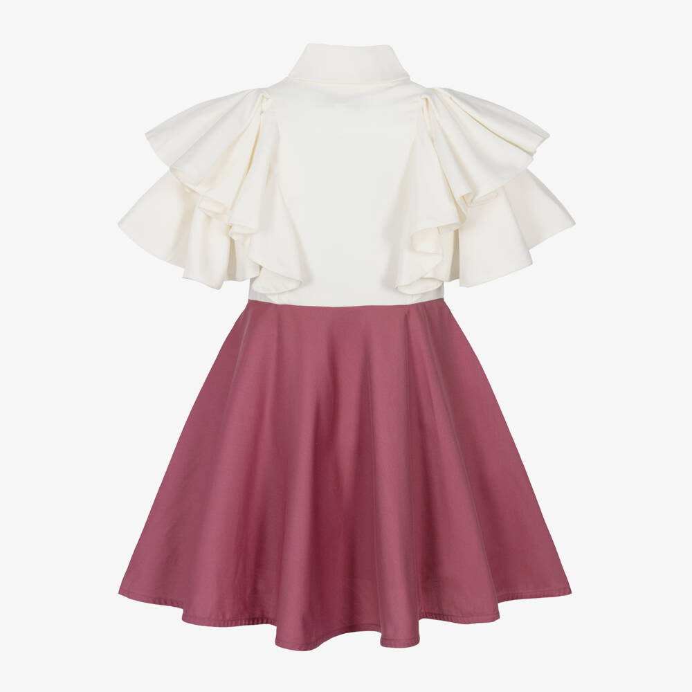 Jessie and James London-Girls Ivory & Purple Cotton Twill Ruffle Dress | Childrensalon Outlet