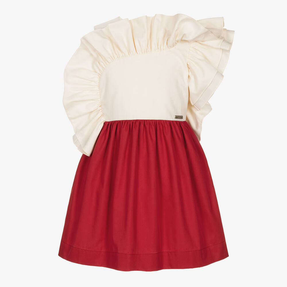Jessie and James London - Girls Ivory & Red Cotton Ruffle Dress | Childrensalon