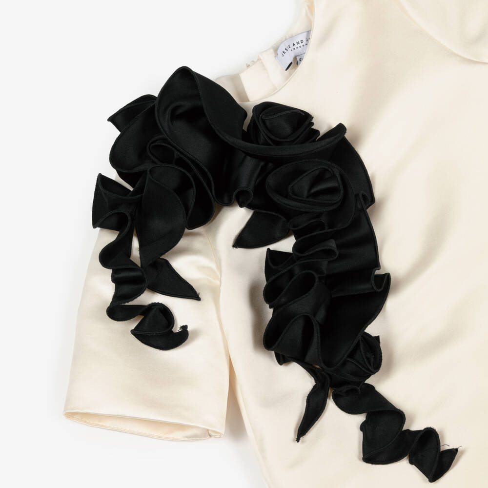 Jessie and James London-Girls Ivory Satin Dress with Abstract Black Ruffle | Childrensalon Outlet