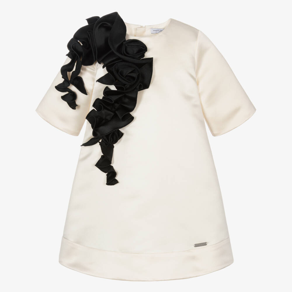 Jessie and James London-Girls Ivory Satin Dress with Abstract Black Ruffle | Childrensalon Outlet