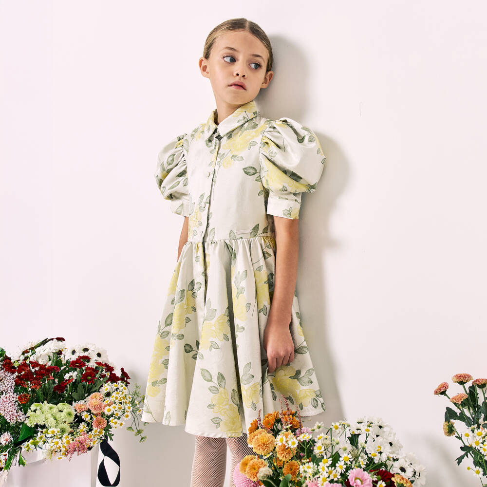 Jessie and James London-Girls Ivory & Yellow Floral Jacquard Dress | Childrensalon Outlet