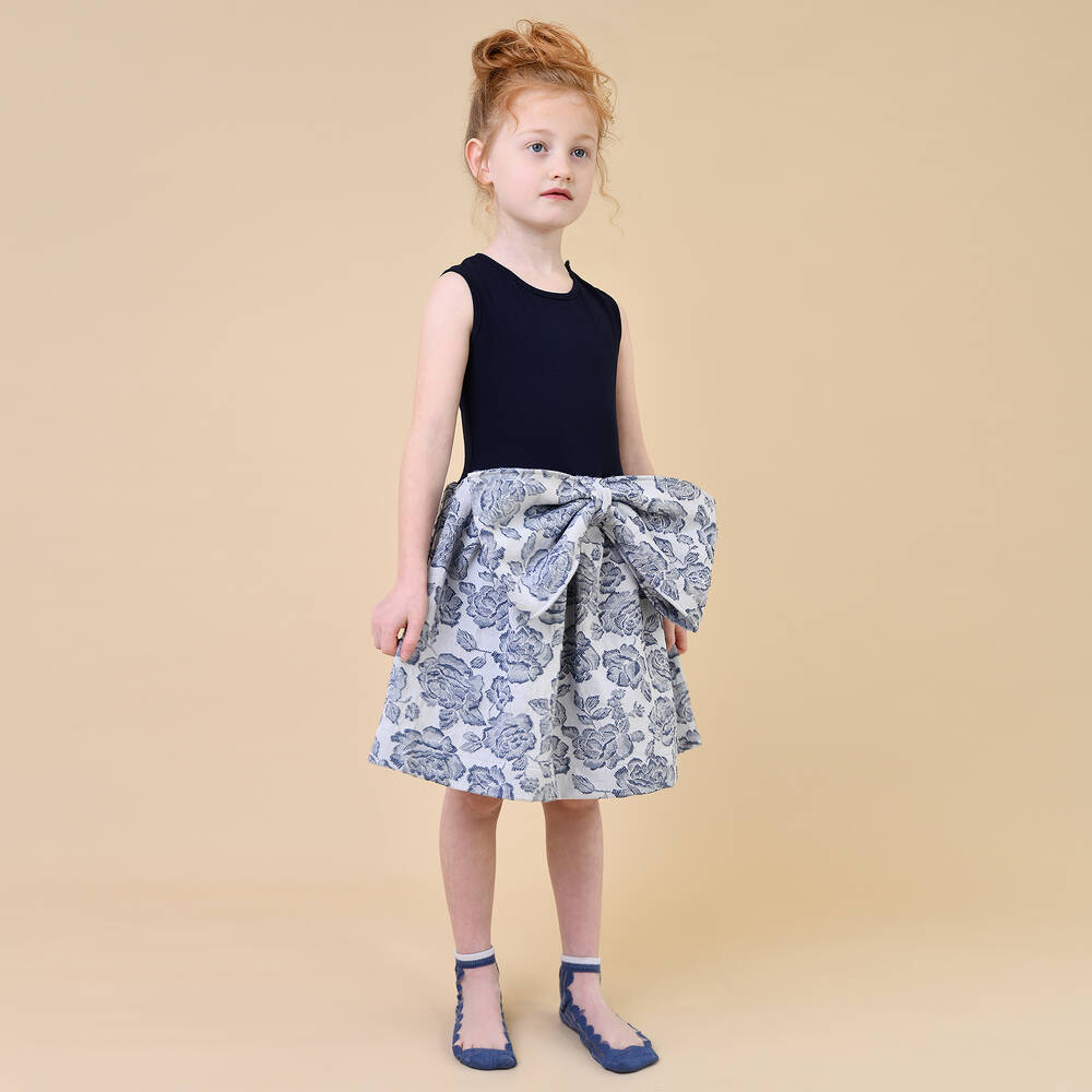 Jessie and James London-Синее жаккардовое платье с цветами | Childrensalon Outlet
