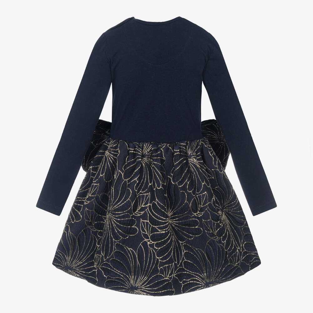 Jessie and James London-Girls Navy Blue & Gold Floral Jacquard Dress | Childrensalon Outlet