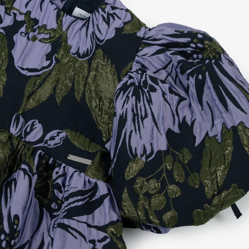Jessie and James London-Girls Navy Blue & Lilac Cotton Floral Jacquard Dress | Childrensalon Outlet
