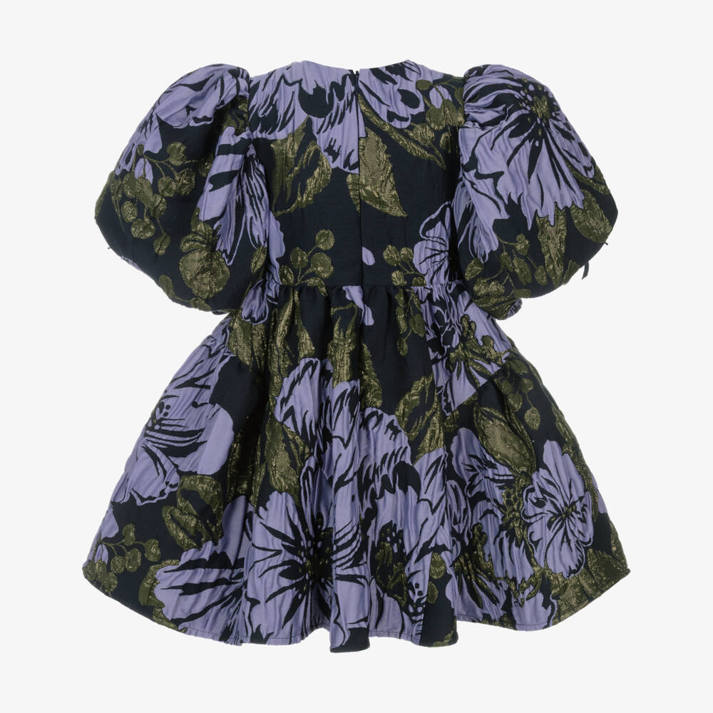 Jessie and James London-Girls Navy Blue & Lilac Cotton Floral Jacquard Dress | Childrensalon Outlet