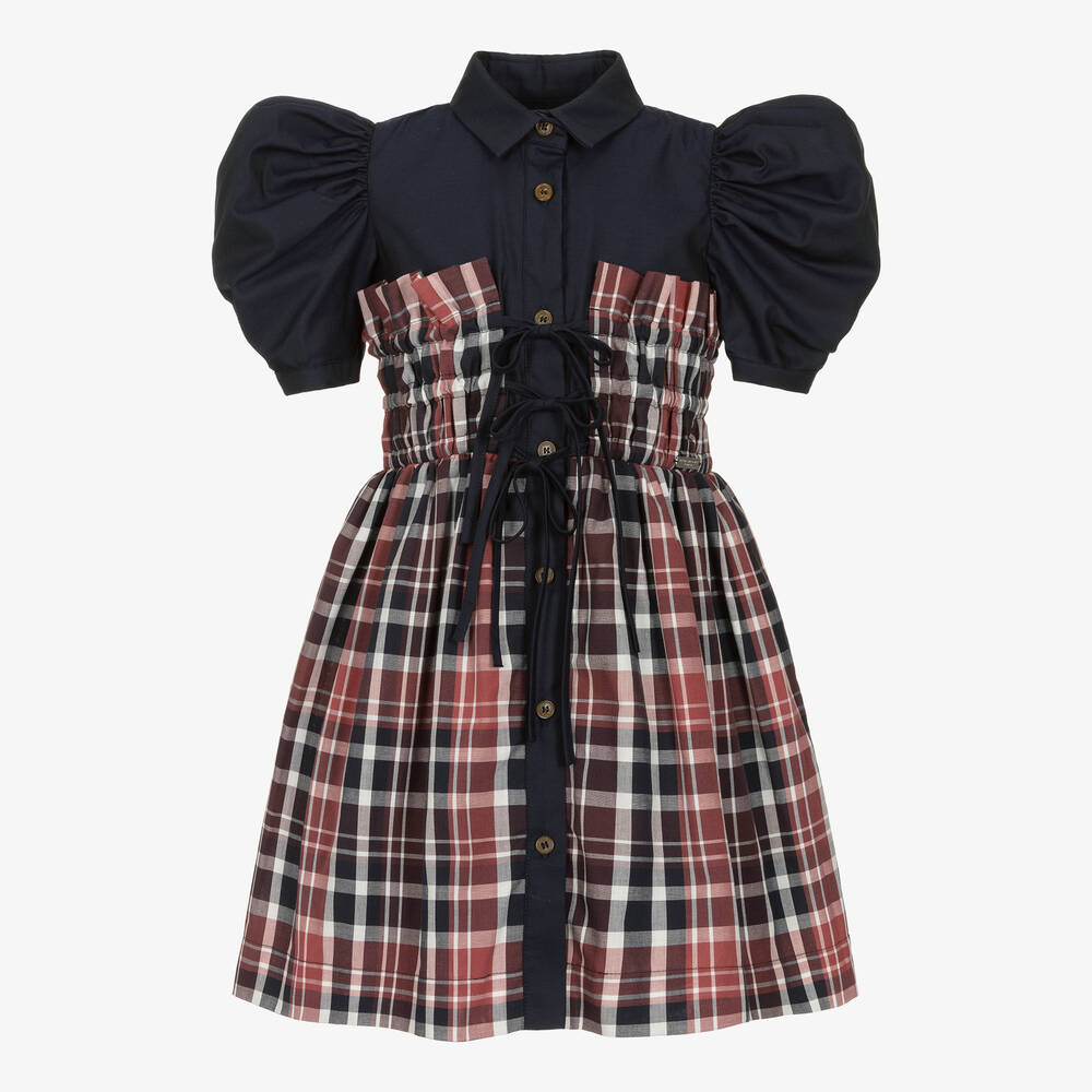 Jessie and James London - Girls Navy Blue & Red Check Cotton Dress | Childrensalon