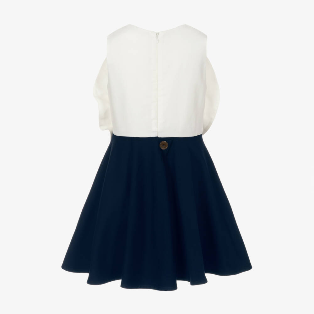 Jessie and James London-Girls Navy Blue Satin Dress with Floral Appliqué | Childrensalon Outlet