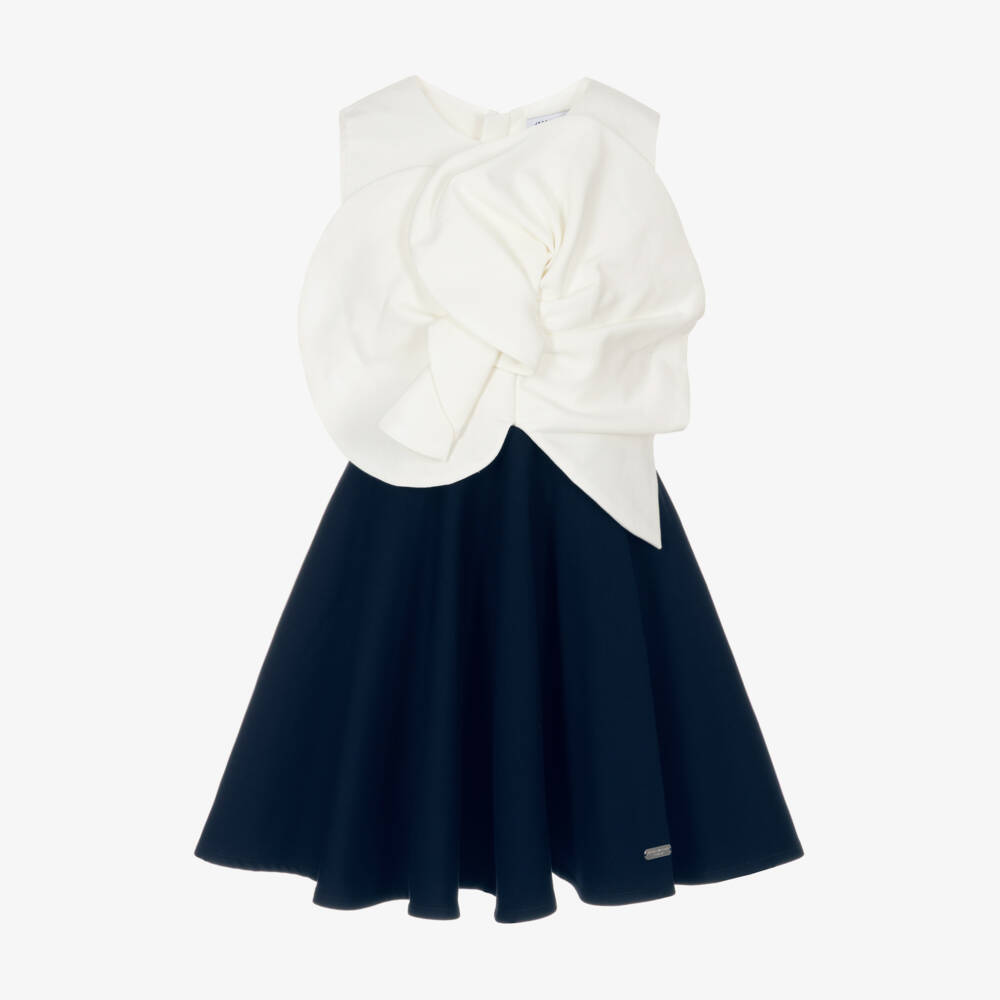 Jessie and James London-Girls Navy Blue Satin Dress with Floral Appliqué | Childrensalon Outlet