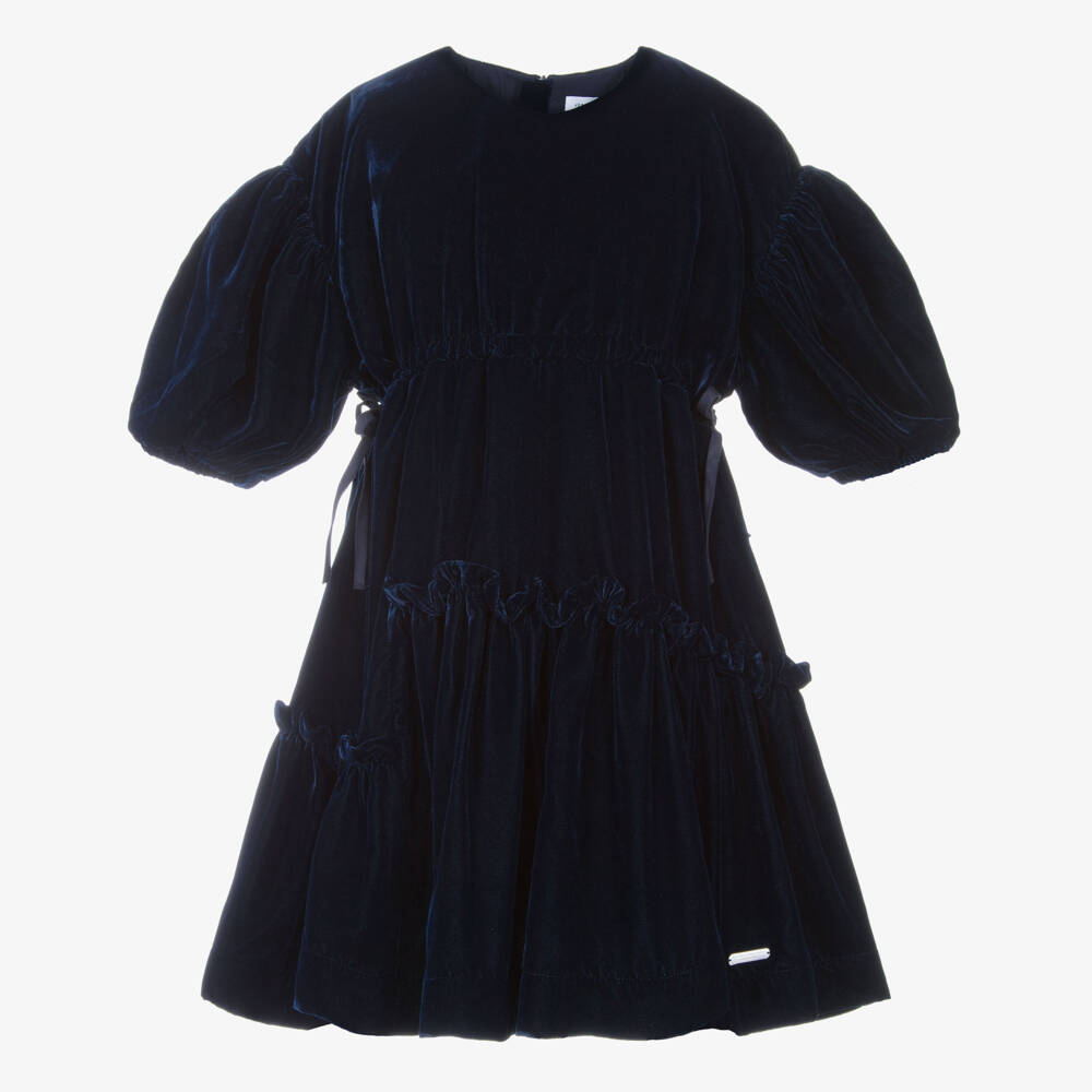 Jessie and James London-Girls Navy Blue Velvet Dress with Ruffles | Childrensalon Outlet