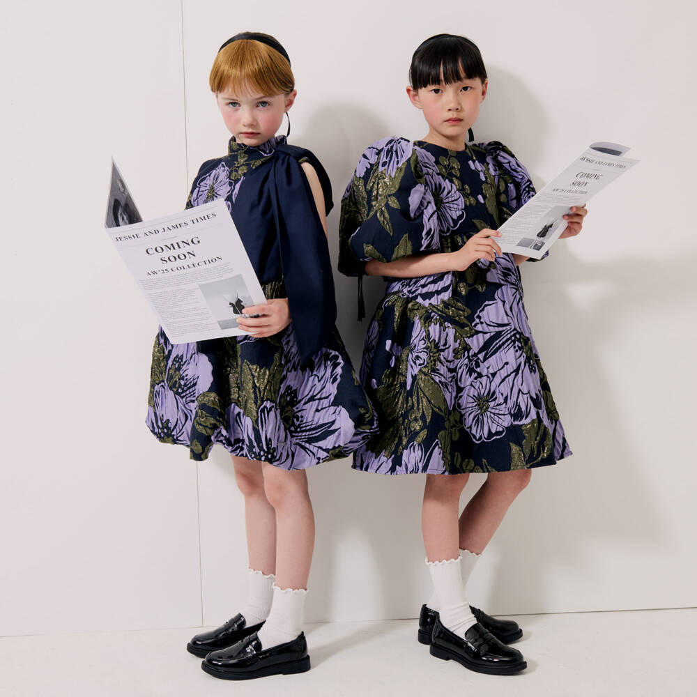 Jessie and James London-Girls Navy Floral Jacquard Dress | Childrensalon Outlet