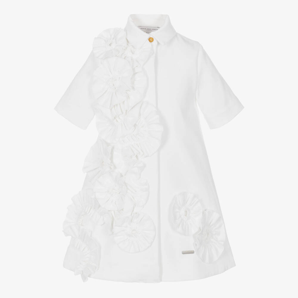 Jessie and James London-Girls Off-White Shirt Dress with 3D Floral Appliqués | Childrensalon Outlet