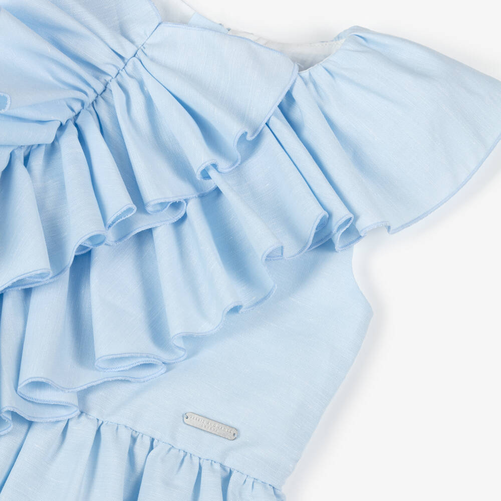 Jessie and James London-فستان مزين بكشكش غير متماثل لون أزرق فاتح | Childrensalon Outlet