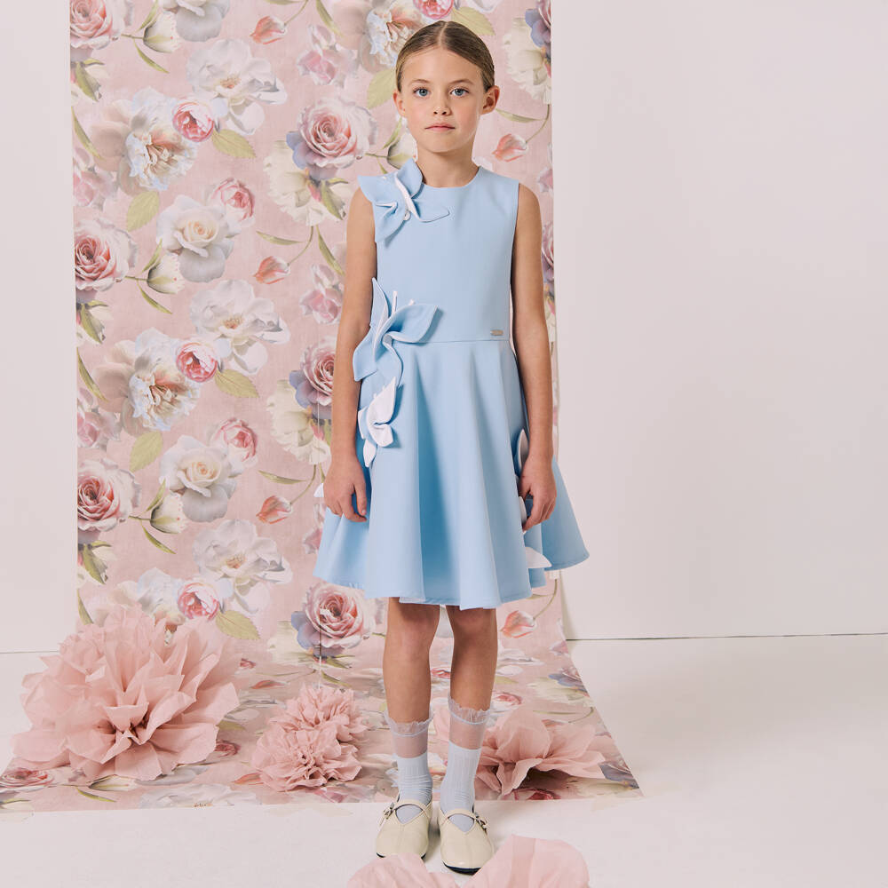 Jessie and James London-Girls Pale Blue Dress with 3D Butterfly Appliqués | Childrensalon Outlet