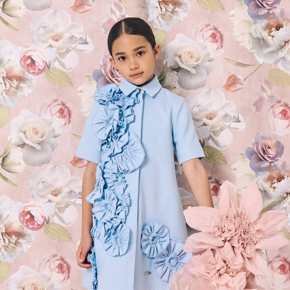 Jessie and James London-Girls Pale Blue Shirt Dress with 3D Flowers | Childrensalon Outlet