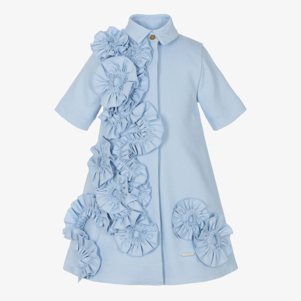 Jessie and James London-Girls Pale Blue Shirt Dress with 3D Flowers | Childrensalon Outlet