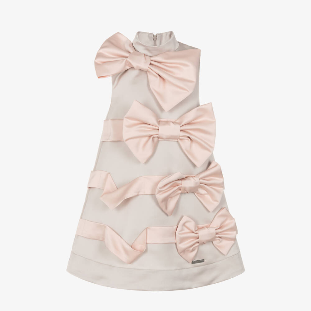 Jessie and James London-Girls Pale Grey Dress with Pink Satin Bows | Childrensalon Outlet