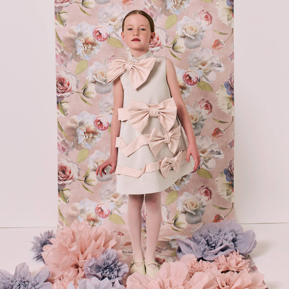 Jessie and James London-Girls Pale Grey Dress with Pink Satin Bows | Childrensalon Outlet