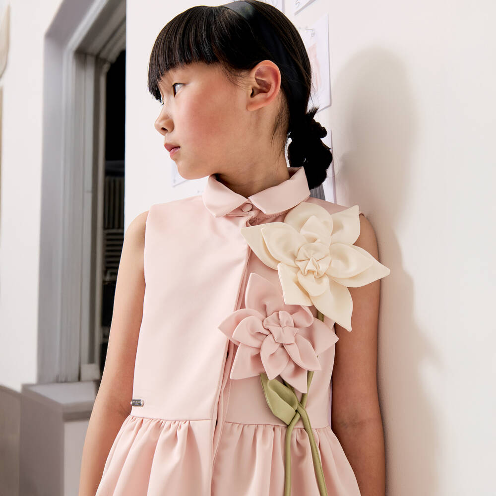 Jessie and James London-Girls Pale Pink Satin Dress with Floral Appliqués | Childrensalon Outlet