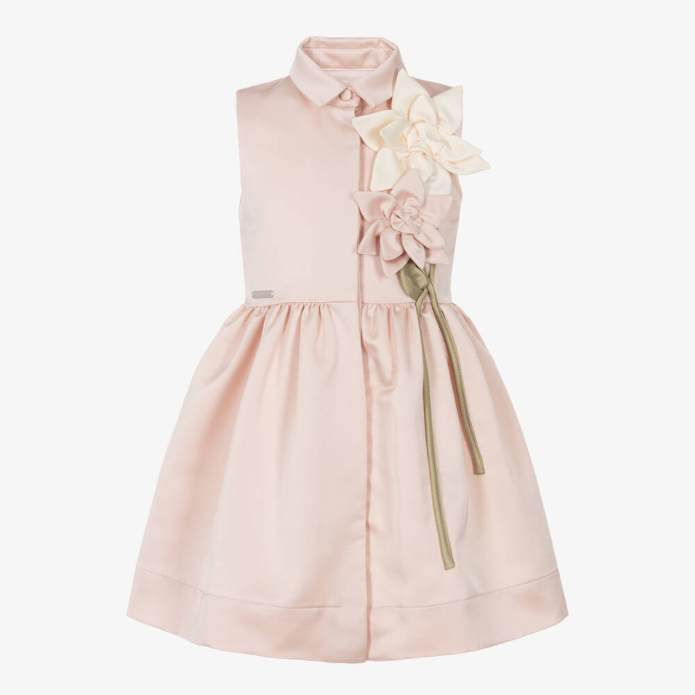 Jessie and James London-Girls Pale Pink Satin Dress with Floral Appliqués | Childrensalon Outlet