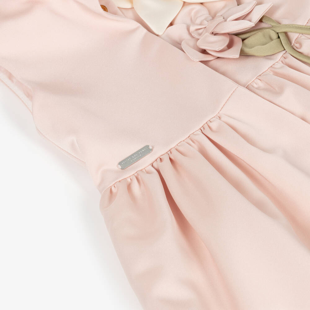 Jessie and James London-Girls Pale Pink Satin Dress with Floral Appliqués | Childrensalon Outlet