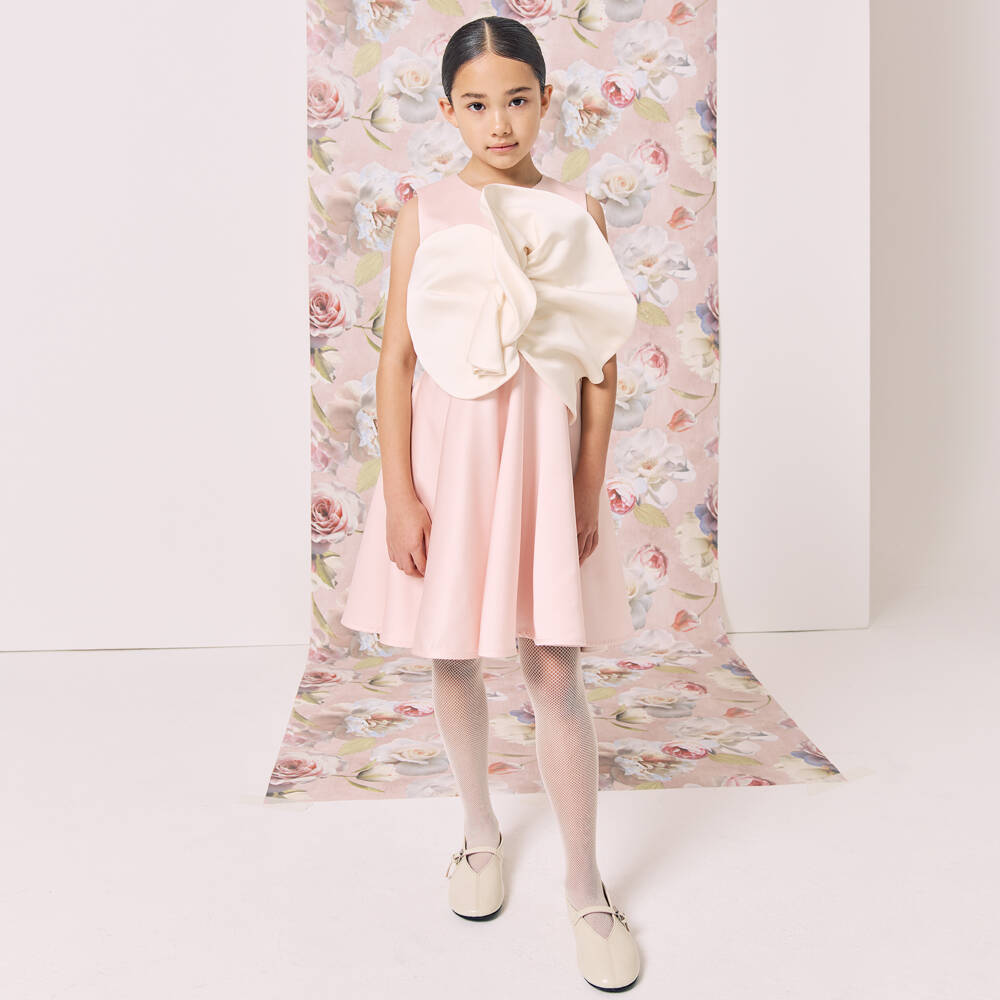 Jessie and James London-Girls Pale Pink Satin Dress with Statement Floral Appliqué | Childrensalon Outlet