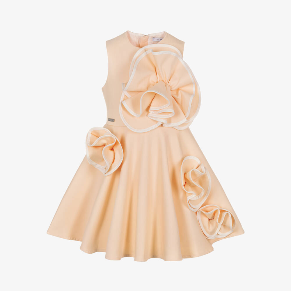 Jessie and James London-Girls Peach Pink Cotton Dress with Floral Rosettes | Childrensalon Outlet