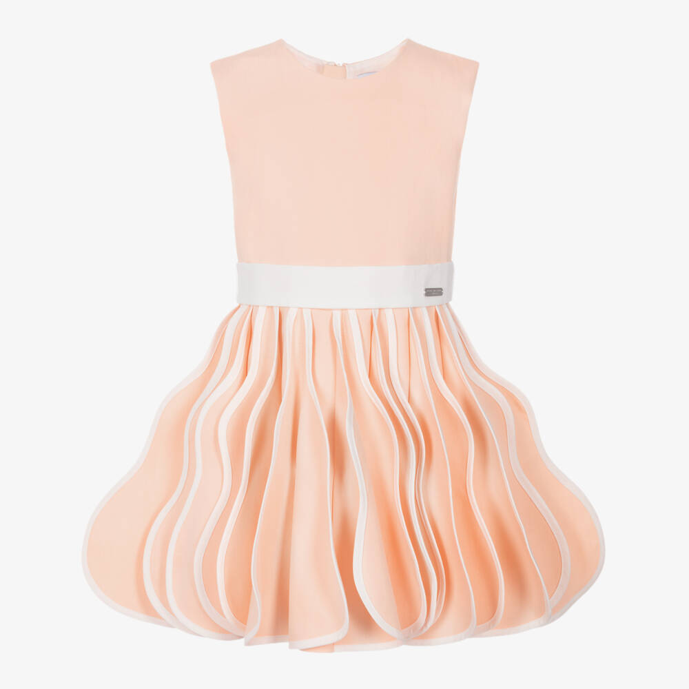 Jessie and James London-Girls Peach & White Cotton Dress with 3D Pleated Skirt | Childrensalon Outlet