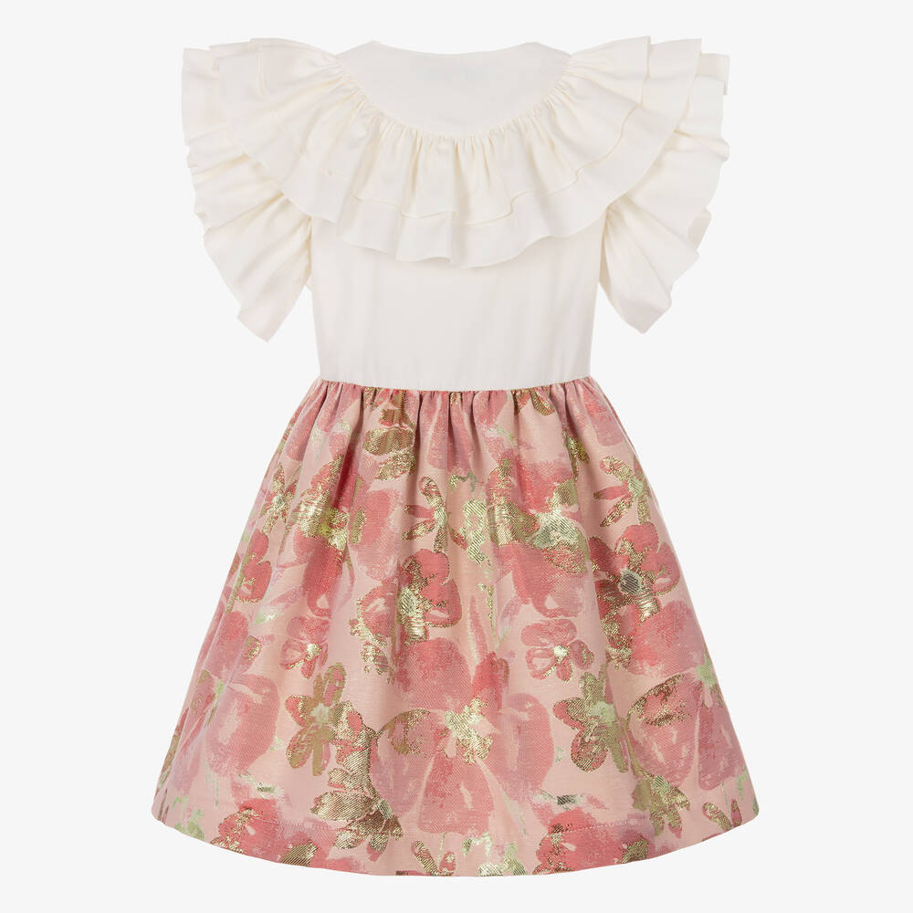 Jessie and James London-Girls Pink Cotton Floral Jacquard Dress | Childrensalon Outlet